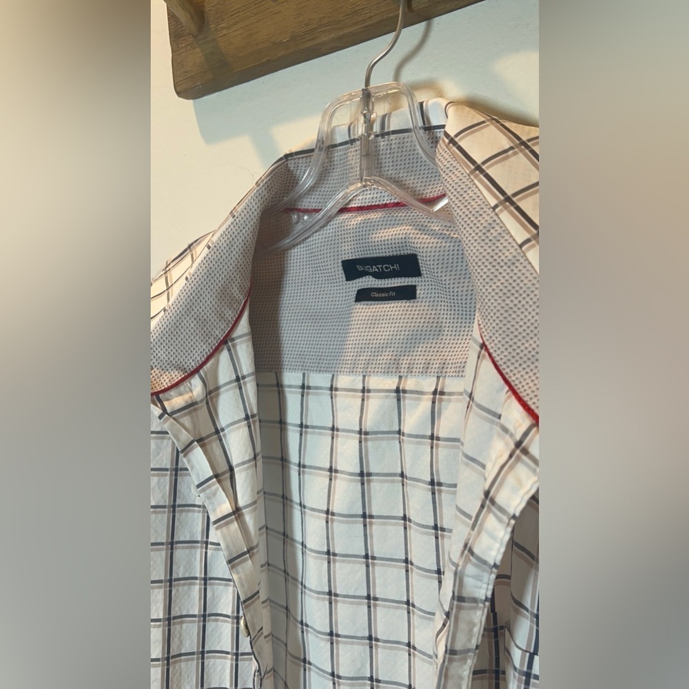 Bugatchi men’s size L White, Blue and tan Checkered Button-Up Shirt - Picture 6 of 8